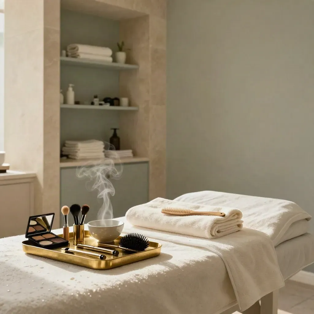 Suite de belleza elegante con camilla facial marfil, vapor, bandeja de bronce y útiles de belleza.