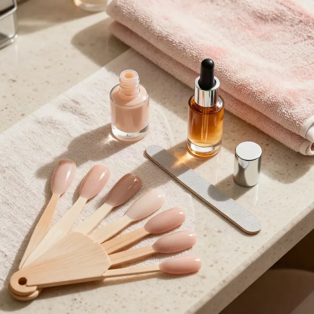 Muestrario de uñas nude, esmalte y aceite de cutículas sobre lino en un salón luminoso.