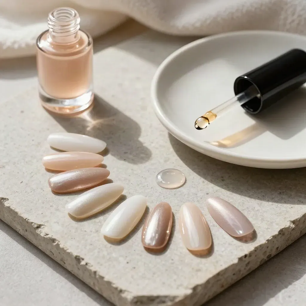 Swatches de uñas perlados con top coat y gotero sobre piedra