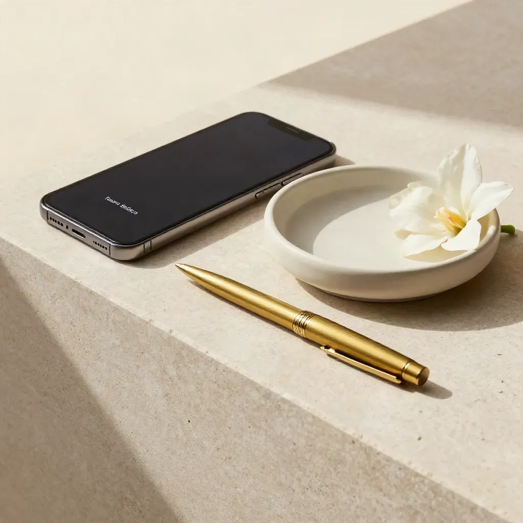 Teléfono oscuro, plato cerámico, bolígrafo de latón y flor marfil sobre una repisa de piedra.