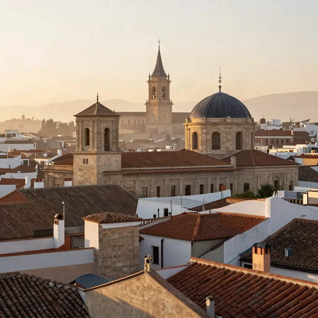 Azoteas de Madrid Centro con cúpulas y una torre lejana bajo bruma cálida matinal.