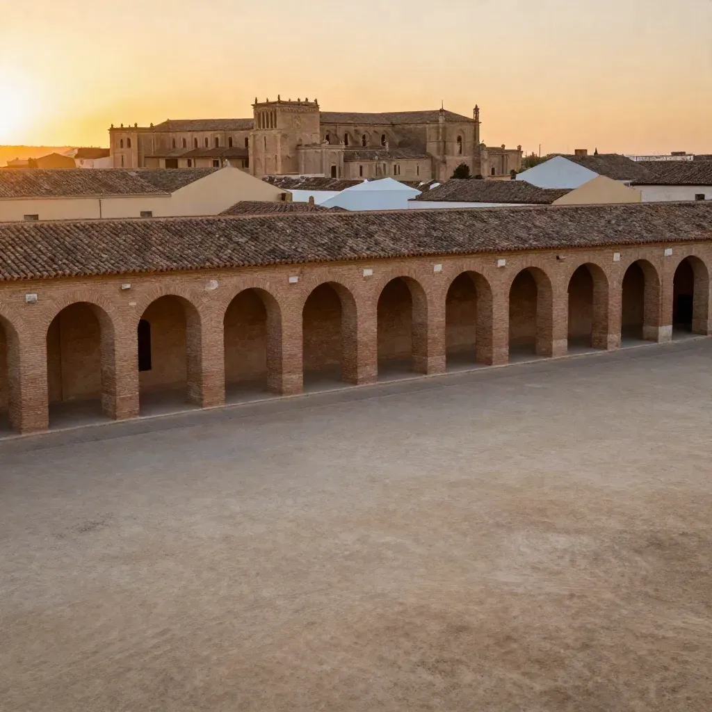 Vista dorada del Corredor del Henares con arcadas de ladrillo y tejados de monasterio al fondo
